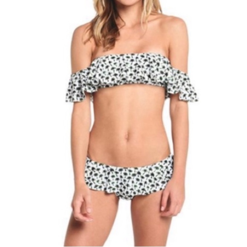 Milly Cabana Sirolo Ruffle Bandeau Palm Print Swim Bikini Top Bottoms Medium